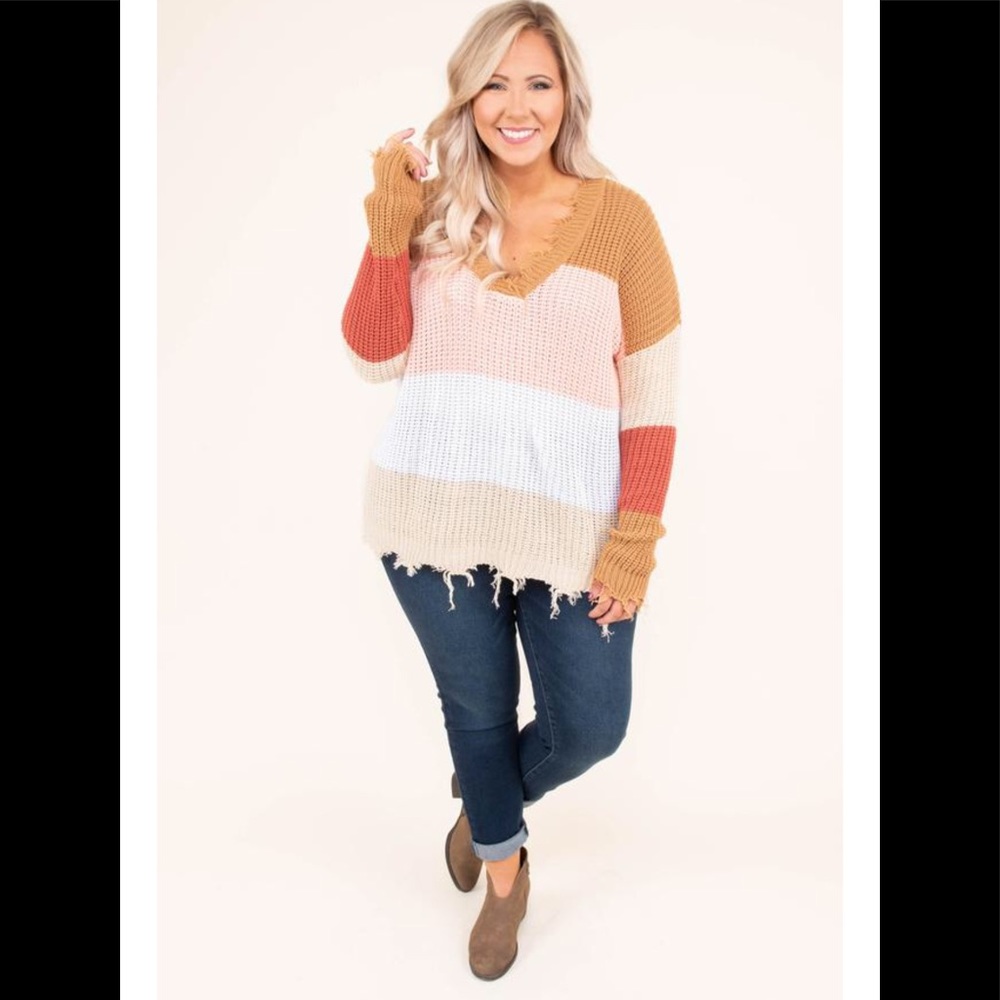 distressed color block sweater